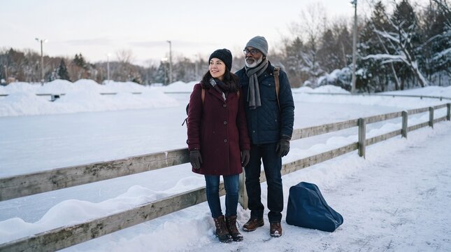 Two friends pause beside the ice as daylight fades