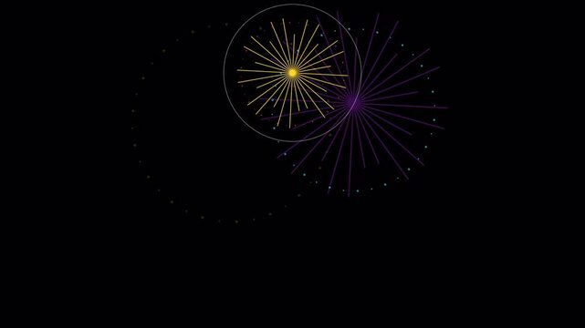 Minimalist flat line art fireworks display with glowing circular bursts for celebration and holiday motion alpha chanel, 4K animation 