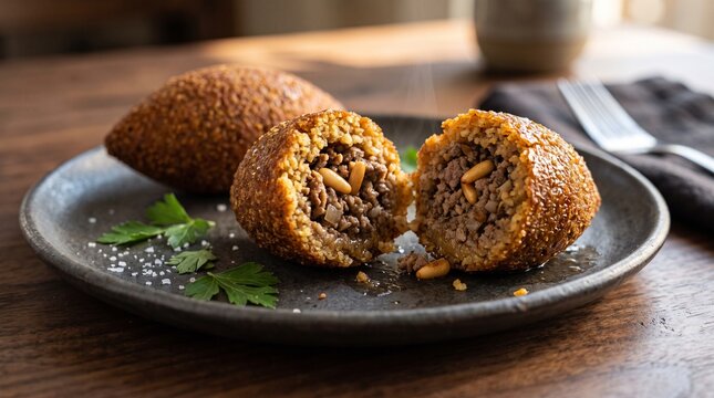 Broken fried kibbeh with pine nuts on ceramic plate