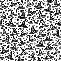 Fototapeta premium Halloween witch hat seamless pattern, hand drawn black ink sketch on white background, spooky wizard hats and stars texture for wrapping paper