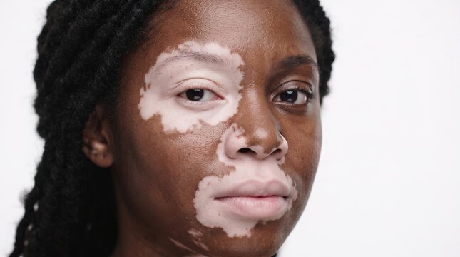 Close up portrait of an African American woman with extensive vitiligo depigmentation patches on her face and eyes