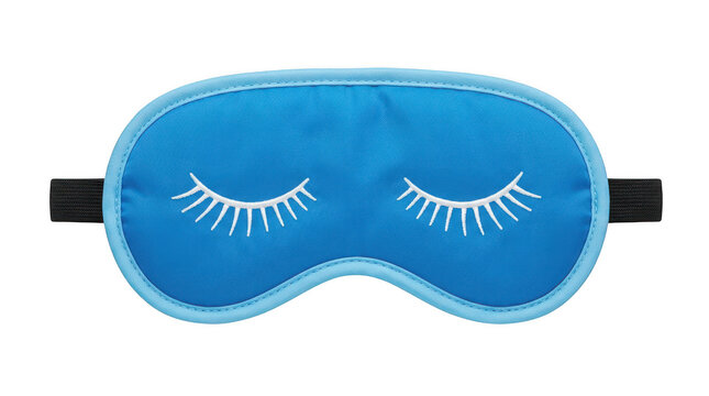 Blue satin sleep mask with embroidered closed eyes isolated on transparent background