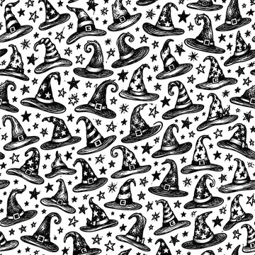 Halloween witch hat seamless pattern, hand drawn black ink sketch on white background, spooky wizard hats and stars texture for wrapping paper