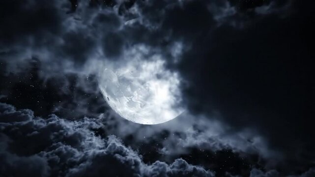 Full moon shining through night clouds with dark sky