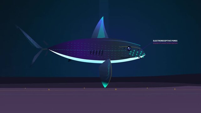 Educational animation of shark electroreception, detailing the ampullae of Lorenzini, sensory ampulla bulb, and how sharks detect concealed prey via cardiac micro-voltage dipoles