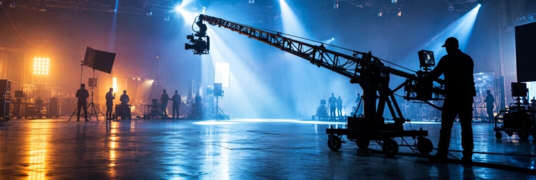 A camera operator controls a crane camera beside a concert stage. The long jib arm holds a mounted camera above a reflective floor. Live event broadcasting and behind-the-scenes production.