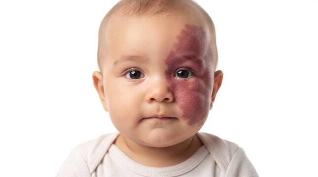 Portrait of a cute baby with a large port-wine stain capillary malformation on the face