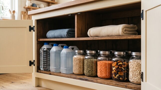 Water reserve and staple foods in a winter kitchen cabinet