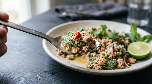 Spoonful of Laos larb reveals toasted rice and herbs