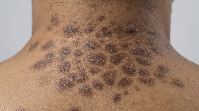 Severe reticulated hyperpigmentation and scaly macular lesions on patient's back and neck