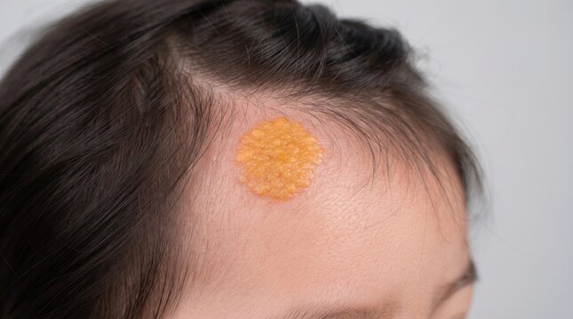 Close up of a yellowish warty plaque of sebaceous nevus on a child's forehead
