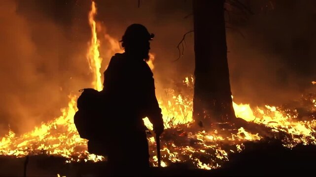 Terrible forest fire and the silhouette of a firefighter. A natural disaster exacerbated by climate change.
