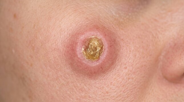 Extreme close up of a crusted cyst, potential skin cancer lesion, or severe boil protruding on facial skin.