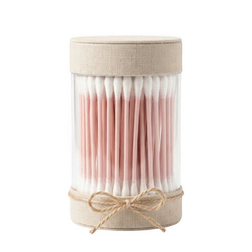 Container with pink cotton swabs isolated on transparent background
