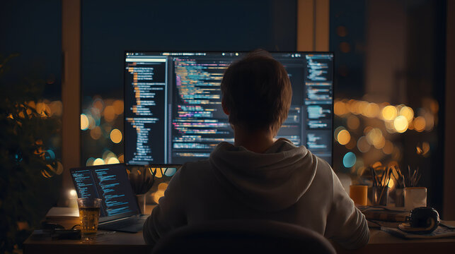 developer coding at night, messy desk