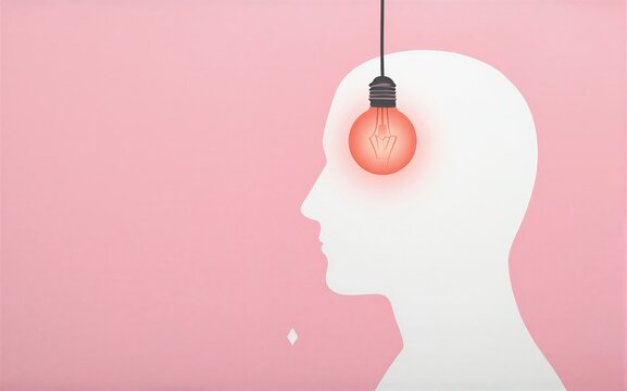 Silhouette head with glowing lightbulb, pink background symbolizing idea or inspiration.