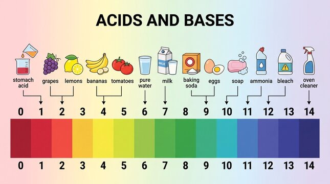 Acids and bases ph scale infographic with common household items