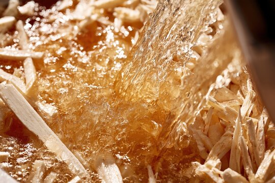 hot water extraction process with sliced sugar beet strips during industrial beet sugar production, close-up of raw material processing in sugar manufacturing