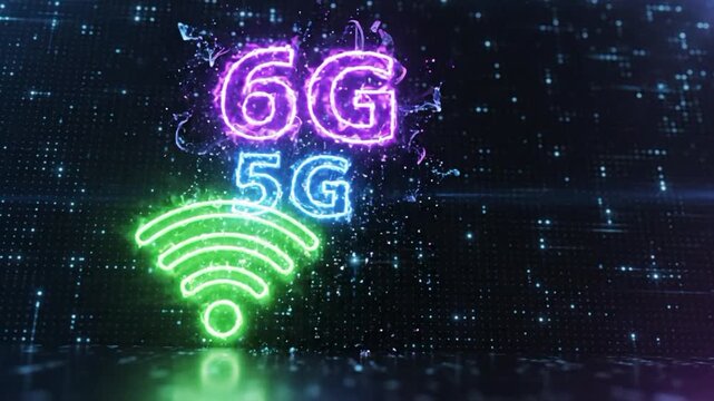 Wifi icon animation showing vertical movement with 5G indication in a digital environment