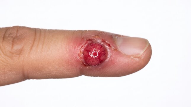 Macro shot of a pyogenic granuloma or a protruding red hemangioma lesion growing on a finger.