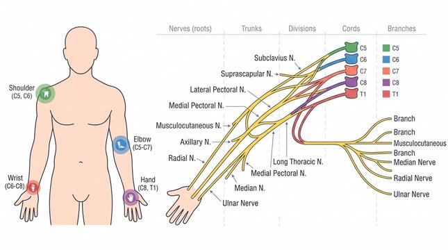 Brachial plexus anatomy diagram showing nerve branches and human body