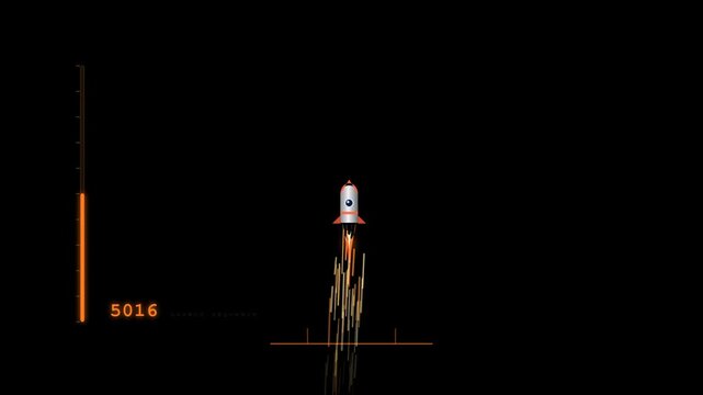 A rocket ship ascends against a black background with an increasing numerical counter and progress bar, depicting a digital game or financial growth visualization.