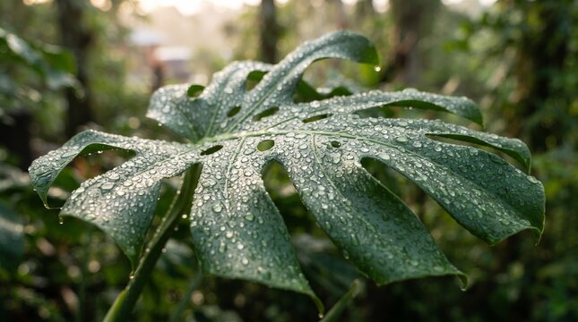 Dewy monstera leaf