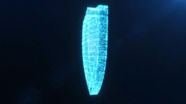A blue, glowing digital shield rotates 360 degrees in a dark space, representing cybersecurity, data protection, and digital defense through its intricate wireframe design.
