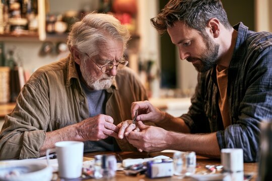 Adult son trimming his elderly father&rsquo;s fingernails at kitchen table in a quiet caregiving moment
