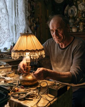 Person switching on repaired table lamp after fixing its cable at home with tools still on the table