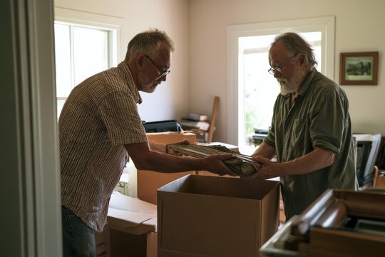 Two male friends packing belongings and sorting family possessions after clearing an elderly parent's home