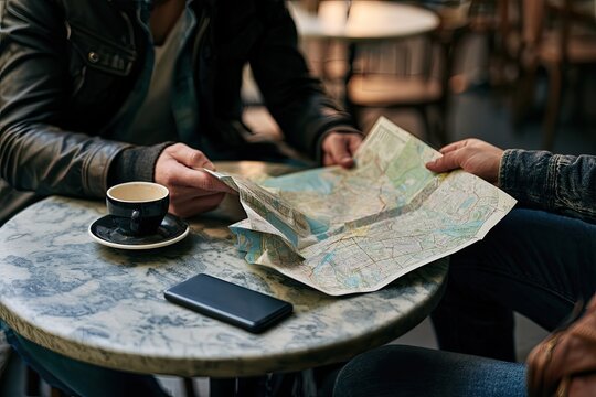 Traveler using folded paper city map at small cafe table with smartphone beside it