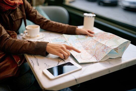 Traveler using folded paper city map at small cafe table with smartphone beside it
