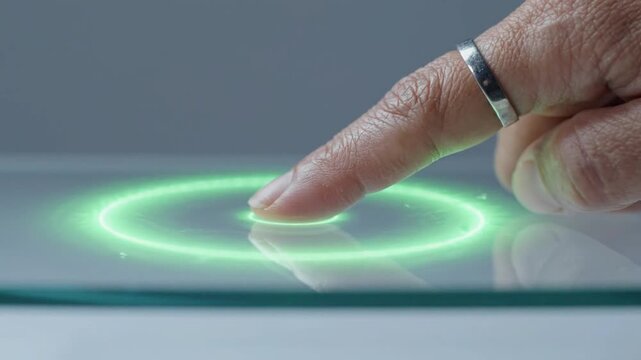 A finger touches a glass surface, activating a glowing green neon interface with expanding rings and wave ripples, showcasing futuristic biometric interaction and haptic feedback technology.