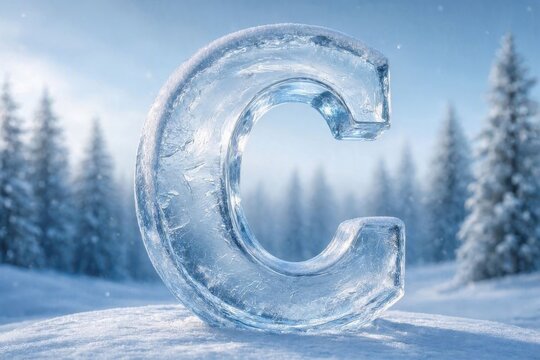 A Large Transparent Ice Letter C Resting Upon A Snowy Winter Landscape