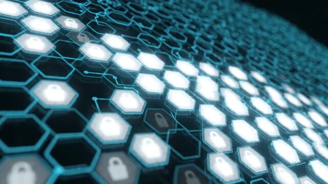 A digital animation of glowing blue hexagons and lock icons across a dark network, representing cybersecurity and data encryption in a high-tech, futuristic environment.