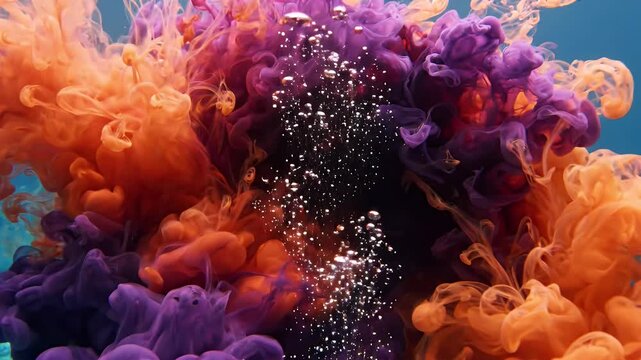 Abstract Orange Purple Ink Vortex Underwater - Vibrant orange and purple ink clouds swirl and mix underwater, creating an abstract vortex effect.