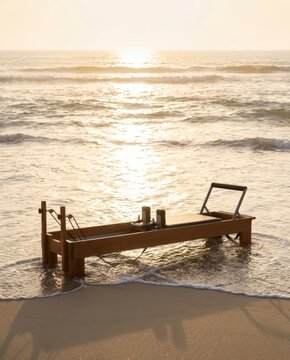 Wooden pilates reformer machine standing in shallow ocean water at sunset, waves washing over the equipment on a sandy beach. Fitness, wellness and mind-body training concept by the sea