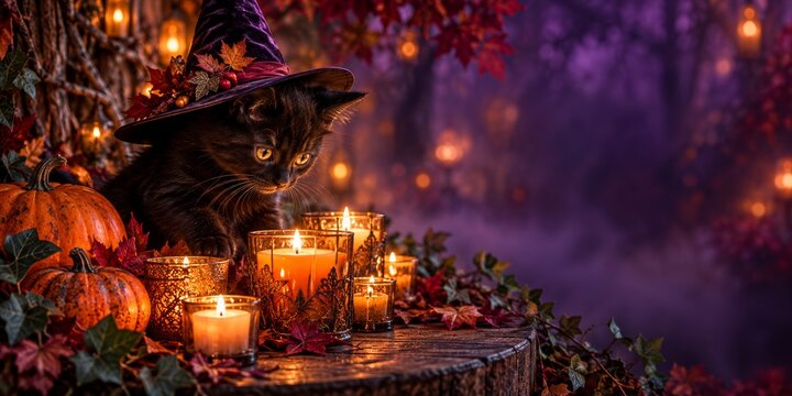 Black cat in a witch hat sits beside pumpkins and candles. The hat has autumn leaves and berries. Halloween celebration and autumn decoration create a magical seasonal setting.
