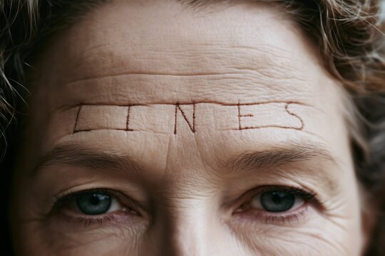 Close-up of a person's lined forehead with Lines written, symbolizing age, experience, and the passage of time.