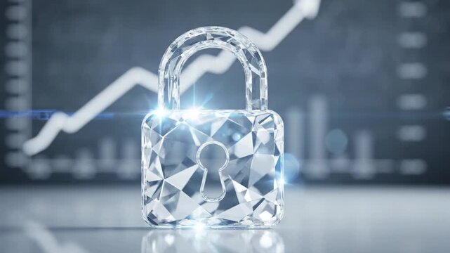A sparkling crystal padlock symbolizes data security and financial success, positioned in front of rising business charts with dynamic light glares enhancing its luxury feel.