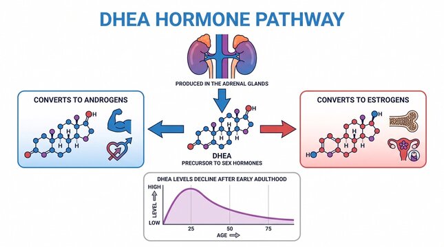 Dhea hormone pathway diagram illustrating conversion and age levels