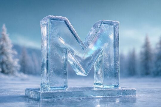 A Majestic Letter M Sculpted From Transparent Ice In A Snowy Landscape