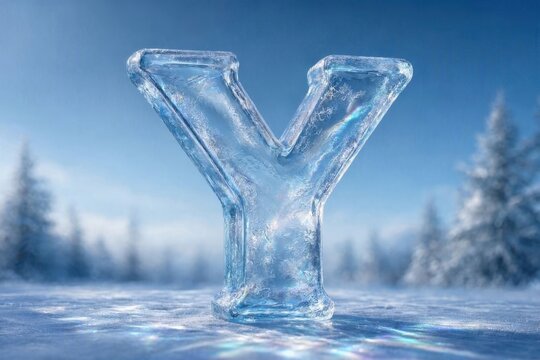A Transparent Ice Sculpture Of The Letter Y Standing In Snowy Landscape