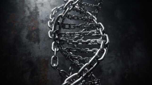 A biological DNA strand made of heavy interlocking metal chains representing the unbreakable synthetic engineering of future genetics.
