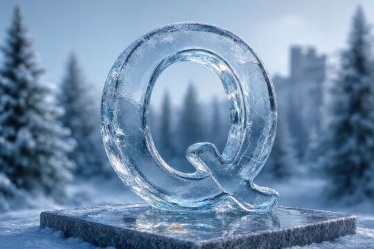 A majestic letter Q sculpted from solid crystal clear ice in winter