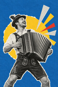 Man in lederhosen and feathered hat playing an accordion and singing. Oktoberfest music, Bavarian folk tradition and beer festival celebration