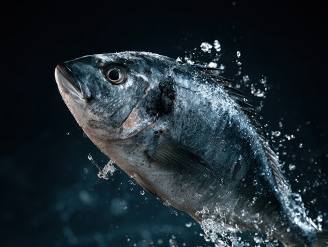 Fresh sea bream fish jumping from water splash motion macro dark background seafood splash dynamic aquatic animal raw sea bass trout fish close up marine life seafood market concept photo
