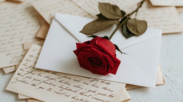 Red rose resting on white envelope atop handwritten letters on textured surface