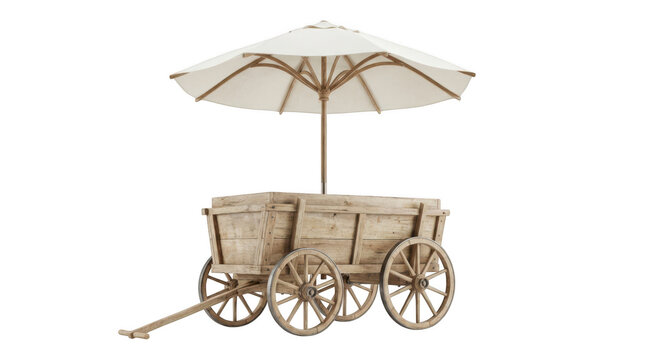 Rustic wooden cart with a white umbrella isolated on transparent background
